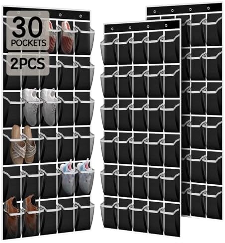 Over the Door Shoe Organizer with 30 Breathable Mesh Pockets (2PC-Black) by Unknown