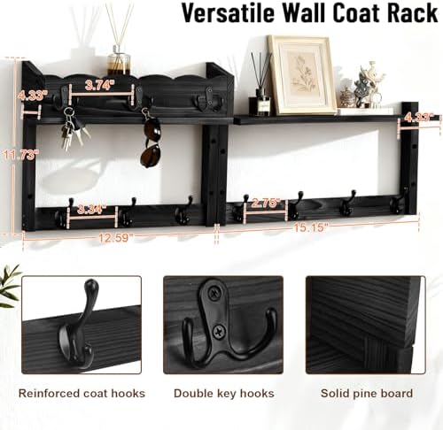 28-Inch Wood Wall Mounted Coat Rack with Shelf, 7 Hooks, 3 Key Holder - Image 2