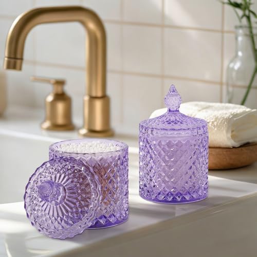 rejomiik 2 Pack Qtip Holder Apothecary Jars with Lid, Thick Glass, Purple - Image 2