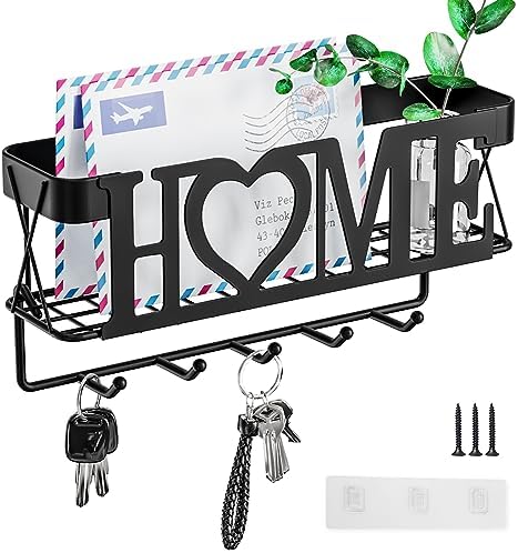 Key Holder for Wall - Key Rack with 5 Key Hooks, 11.02" L×2.75" W×4.92" H, Key and Mail Organizer Wall Mount with Mesh Basket, Key Hanger for Wall, Entryway, Home Decor(Matte Black) by OHOBABY