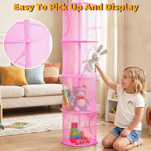 Hanging Stuffed Animal Storage Hammock Net 4 Tiers, Pink - Image 6