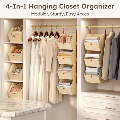 Homsorout Hanging Closet Organizer 4 Tier - Clothes Hanging Shelves, Space-Saving Closet System, Fabric Storage Bins Bedroom Organization, Collapsible Baskets for Home, Dorm, Rv, Beige, 8 Pack - Image 4