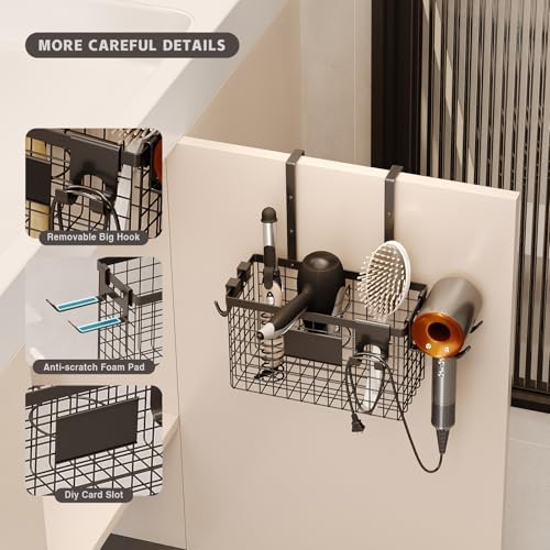Magheo Hair Dryer Holder Cabinet Door 3-in-1 Adhesive Hair Tool Organizer Wall Mounted Adjustable Height Blow Dryer Holder Under Sink Bathroom Hair Appliance Organizer and Storage Countertop(Black) - Image 4