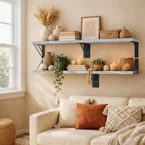BAYKA Wall Shelves for Bedroom Decor, Wood, Gray White, Set of 4, 16in - Image 4