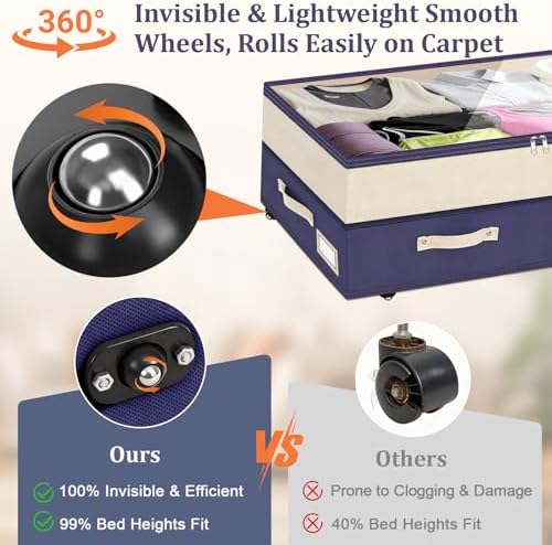Dolicer 2 Pack Under Bed Storage with Wheels, 6in-10in Height Adjustable Underbed Storage Containers, 92L XXXL Under Bed Drawers Rolling Bin with Clear Lids for Dorm Shoes Clothes Organizers(Blue) - Image 4