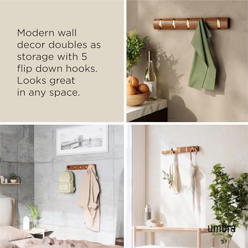 Umbra Flip Coat Rack, Wall Mounted 5-Hook Space Saving, Walnut/Gold - Image 4