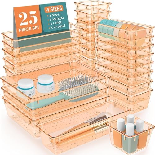 25 PCS Plastic Drawer Organizer Set, Makeup Organizers and Storage Bins by WOWBOX