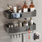 Voldra Shower Caddy Suction Cup, 2 Pack Shower Shelves for Inside Shower No Drilling, Aluminum Suction Showers Organizer with Towel Bar & Hooks Removable Bathroom Shelf Storage Rack(Gray) by VOLDRA