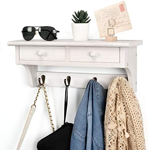 Emfogo Coat Hooks Wall Mounted, Rustic Wood Coat Rack Wall Mount Shelf with Hooks, Farmhouse Wall Coat Rack with Shelf & Coat Hook for Entryway, Mudroom, Bedroom, Kitchen, Bathroom (White) - Image 2