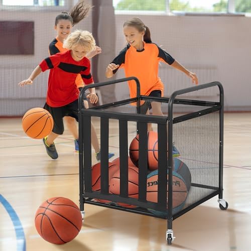 STO STO 2 Pack Rolling Sports Ball Storage Cart, Lockable Basketball Cage with Elastic Straps, Sport Equipment Holder Organizer for Indoor Outdoor, Steel Storage Rack for Playgroud and Gym, Black - Image 4