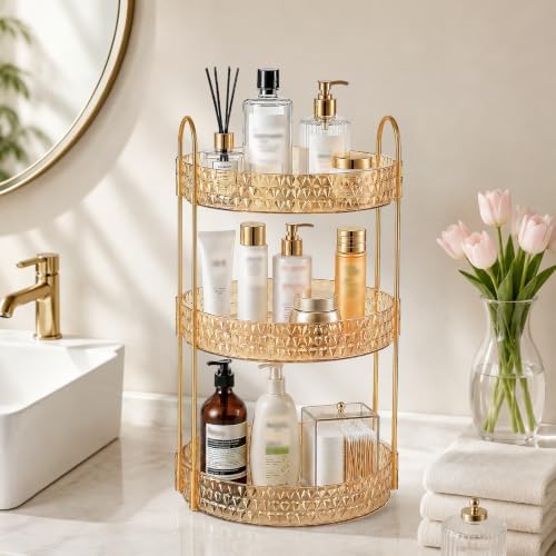 Large Capacity Rotating Makeup Organizer Perfume Stand Holder, 3 Tier Gold - Image 5