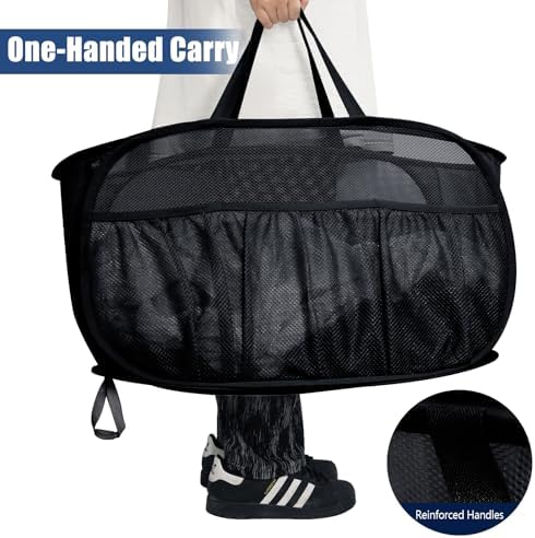 2 Pack Collapsible Laundry Baskets, Upgrade Pop Up Laundry Hamper with Convenient Bags, Foldable Laundry Basket Mesh Light Weight, Easy to Carry Clothes Hampers for Laundry, Dorm, Toys, Travel Black - Image 6