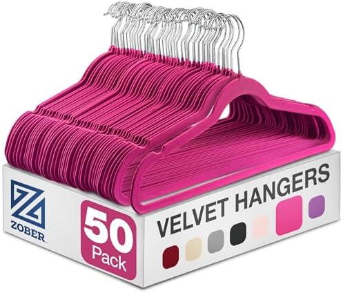 Zober Velvet Hangers 50 Pack - Heavy Duty Pink Hangers for Coats, Pants & Dress Clothes - Non Slip Clothes Hanger Set - Space Saving Felt Hangers for Clothing | Slim velvet hangers with pants bar, felt hangers, flocked hangers, non slip hangers, coat h... by ZOBER