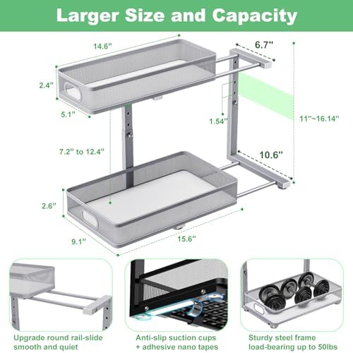 Under Sink Organizer 2 Pack, High Adjustable 2 Tier Under Sink Organizers and Storage, Slide out Metal Cabinet Organizers, Pull out Storage Drawer Shelf for Kitchen Bathroom Cabinet (Gray) - Image 4
