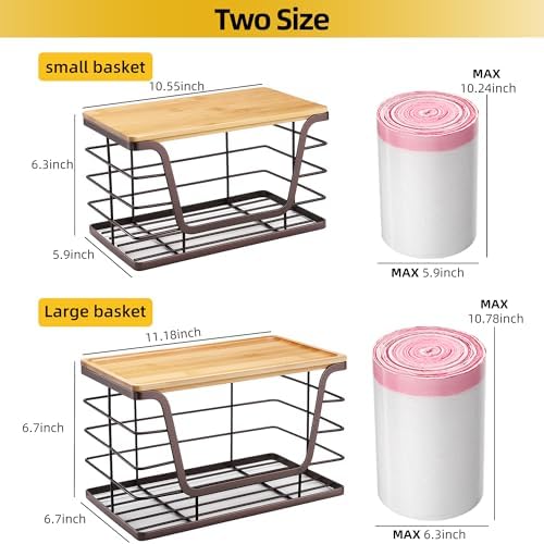 ALOCEO 2 Pack Stackable Wire Storage Basket with Bamboo Lid, Trash Bag Dispenser Under Sink for 4-13 Gal Bags, Kitchen Storage Bins for Potato and Onion, Brown - Image 3