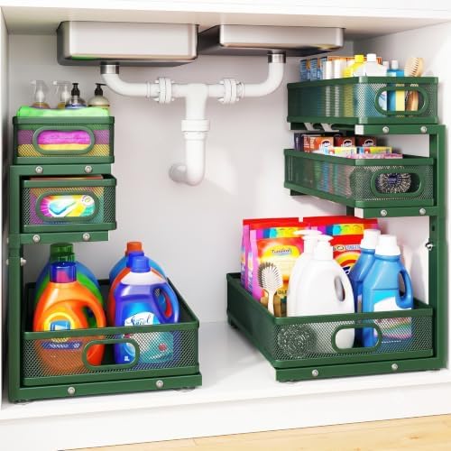 Under Sink Organizer, 3-Tier Sliding Drawers, 2-Pack Forest Green by GUUKAR