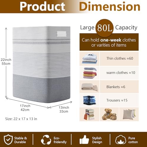 80L Large Cotton Rope Laundry Basket for Bedroom & Laundry Room, Tall Clothes Hamper with Sturdy Handles, Neutral Storage Bin Capable of Holding Blankets and Toys - Image 5