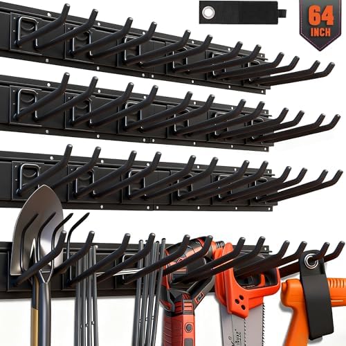 HORUSDY 64-Inch Heavy Duty Garage Organization Rack, 14 Packs Max Load 600LB, 4 Packs Rails and 9 Adjustable Hooks, Tool Organizer Rack with Heavy Double Hooks Tracks by HORUSDY