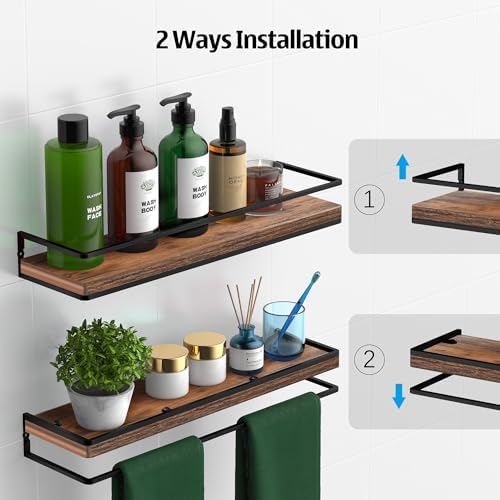 Meangood Floating Shelves Wall Mounted Set of 2, Rustic Wood Wall Storage Shelves for Bedroom,Living Room,Bathroom, Kitchen Rustic Brown - Image 5