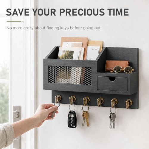 FifthQuarter Key Hooks for Wall with Drawer and 6 Sturdy Key Hooks, B-Black - Image 6
