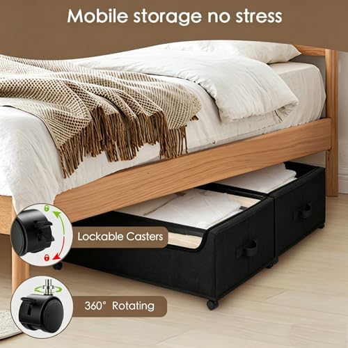 Under Bed Storage with Wheels, 4-Pack Under the Bed Storage Containers with Clear Lids & Label, Underbed Storage Bins, XXXL 85L 11 inches Rolling Metal Drawer for Clothes, Shoes, Toys, Books - Black - Image 3