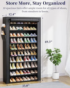 Kitsure 10-Tier Shoe Rack with Cover, Tall Shoe Shelf, 33" Wide, Black | Large Capacity Shoe Storage with Side Pocket, Shoe Organizer for Closet, Entryway, Bedroom, Zapateras Organizer - Image 2