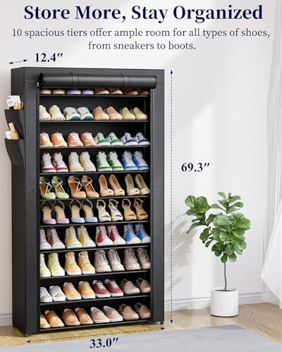 Kitsure 10-Tier Shoe Rack with Cover, Tall Shoe Shelf, 33" Wide, Black | Large Capacity Shoe Storage with Side Pocket, Shoe Organizer for Closet, Entryway, Bedroom, Zapateras Organizer - Image 2