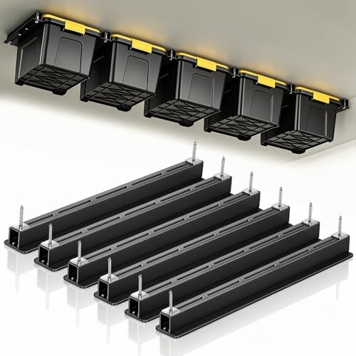 WooFog Ceiling Utility Bin Rails Storage Rack, Overhead Garage Storage Racks, Heavy Duty Hanging Storage Racks for Garage, Adjustable Width, Black (26in-6 Sets for 5 Bins) by WooFog