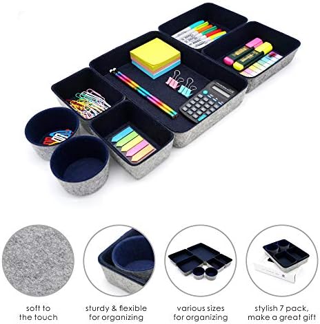 Welaxy 7 Piece Felt Desk Drawer Organizer Storage Bin Navy Catchall Tray - Image 4