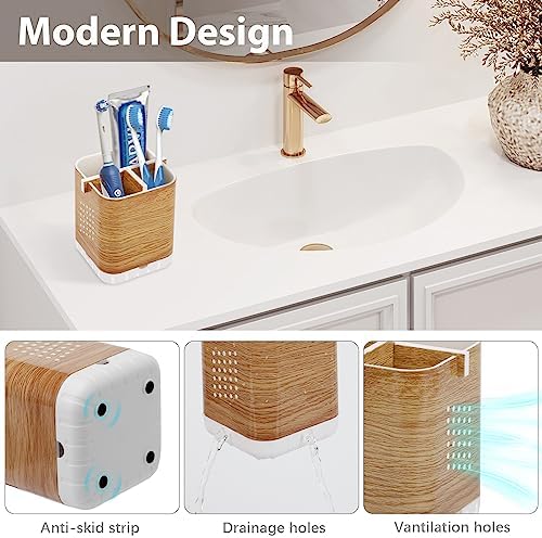 Boperzi Toothbrush Holders for Bathrooms Organizer Countertop, Detachable Anti-Slip Electric Toothbrush Holders for Kids, Toothbrush and Toothpaste Holder Storage Caddy Drainage for Shower Wood Grain - Image 3