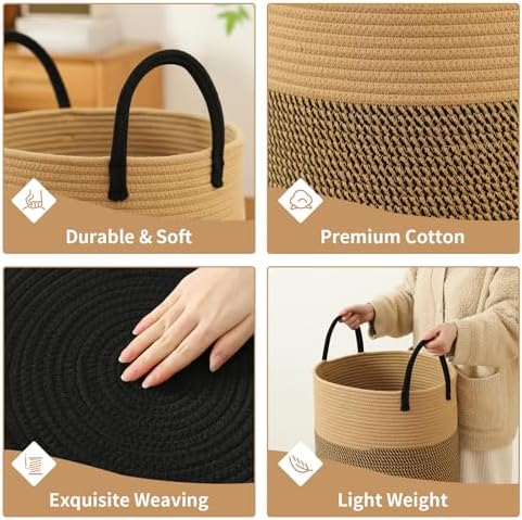 Laundry Basket Hamper Tall Rope Storage Woven for Blanket toys Dirty Clothes in Living Room Bathroom Bedroom (Jute Brown & Black, 80L/21.3Gal) - Image 3