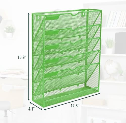 EASEPRES 6 Tier Mesh Hanging Wall File Organizer, Desk Vertical Mail Paper Document Folder Holder Rack with Bottom Tray and Nametag Label for Office Home School, Green - Image 2