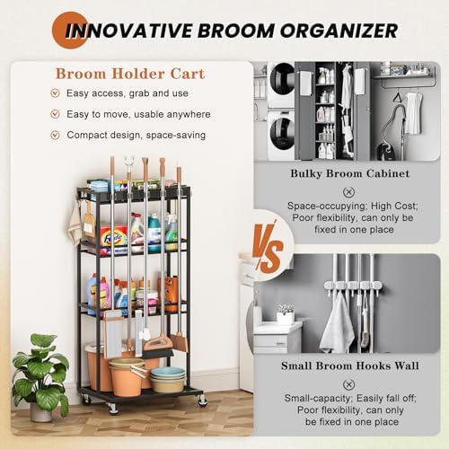 Olakee Taller Broom Holder with Cleaning Supplies Organizer, Broom Closet Storage Cabinet with Mop Hanger Gripper Rack Hooks, Housekeeping Janitorial Cart with Cleaning Caddy, Garage Home Improvement - Image 7