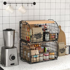 2 Set Stackable Wire Basket with Openable Top, Kitchen Counter, Pantry Organizer and Storage Produce Onion Potato Fruits Vegs Bread Food Snack Spice Organizing Bin for Cabinet Shelf Countertop Floor - Image 2