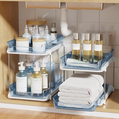 Delamu 2-Tier Multi-Purpose Bathroom Under Sink Organizers and Storage, Stackable Kitchen Pantry Organization, Pull Out Medicine Cabinet Organizer with Movable Dividers, Blue, 2 Pack - Image 7