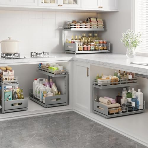 Under Sink Organizer Upgrade To Professional Rails,2-Tier Dual Pull Out Cabinet Storage,Height Adjustable Slide Out Drawers For Bathroom Kitchen,2 Pack-16.7"Dx12.8"-16.9"H,Gun Gray - Image 7