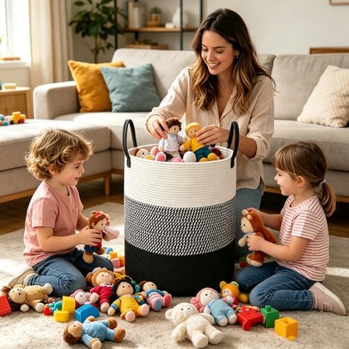 70L Woven Laundry Basket,Large Clothes Hamper with Handles-Black - Image 4