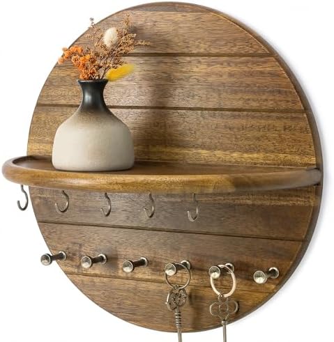 Rebee Vision Acacia Wood Round Key Holder Wall Mount for Home Decor, Brown by REBEEVISION