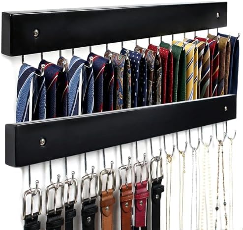 2Pack Wall-Mounted Belt & Tie Rack Organizer, Wooden with 28 Rotating Hooks by AnDocK