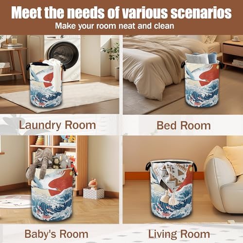 White Crane Laundry Baskets,Red Sun Japanese Wave Laundry Hamper,Storage Basket with Handles for Bathroom Bedroom College Dormitory Living Room Nursery Organizer 16"x20.8" - Image 7