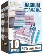 10 Jumbo Vacuum Storage Bags for Bedding, Vacuum Seal Bags for Clothing | Extra Large XL, Airtight Triple Seal, Save 80% Space, Hand Pump, Work with Vacuum, Double Zip, Reusable, Easy to Use by HIBAG