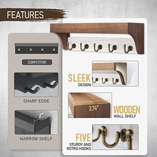 Rebee Vision Key Holder Wall Mount with Shelf for Entryway, Brown & White - Image 5