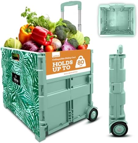 Inspired Living Ultra-Slim Rolling Collapsible Storage Pack-N-Roll Utility-carts, with Telescopic Handle, for Home, Garden, Shopping, Office, School use, Large, Motif Print by Inspired+Living