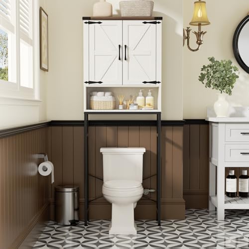 Over The Toilet Storage Cabinet with Farmhouse Doors and Adjustable Shelf, Tall Bathroom Organizer with Metal Stand Space Saver Over Toilet , Wood Rack for Bathroom, Restroom, Laundry, White by FiveWillowise