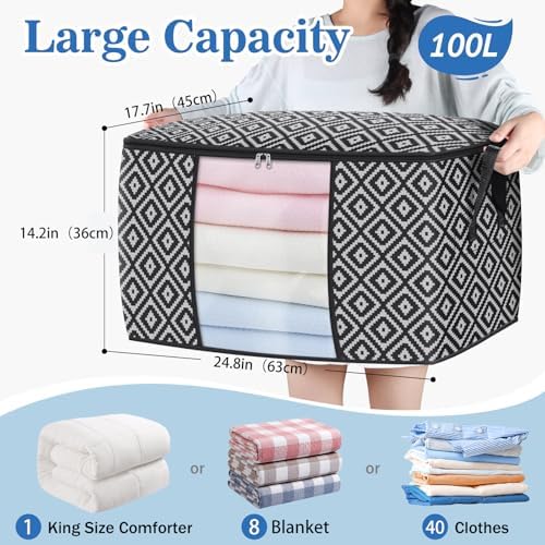 100L 4 Pack Storage Bags, Foldable Clothes Bins with Clear Window, Black | Blanket Storage Containers with Reinforced Handles for Bedding, Comforters, Clothing, Quilts and Closet Organization - Image 2