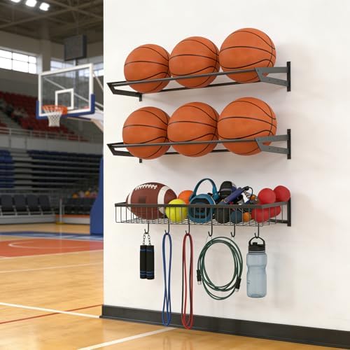 Wall Mount Ball Rack, Garage Sports Equipment Rack with 3 Separate Shelves, Wall Mount Ball Storage Racks for Garage, Sport Equipment Organizer with 6 Hooks, Metal Ball Rack, Black - Image 5