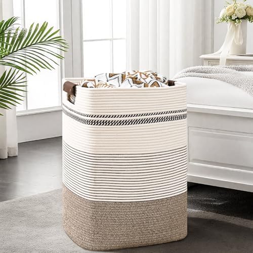 Laundry Hamper, 85L Tall Laundry Basket with Leather Handles, Rectangle Large Clothes Hamper for Organizing, Cotton Woven Laundry Baskets Storage Hampers for Bedroom, Nursery, Living Room - Image 2