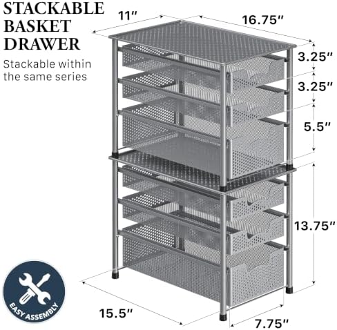 Simple Houseware Stackable 3 Tier Sliding Basket Organizer Drawer, Silver - Image 2