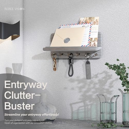 Rebee Vision Pine Wood Key Holder Wall Mount for Entryway, Distressed Gray - Image 4