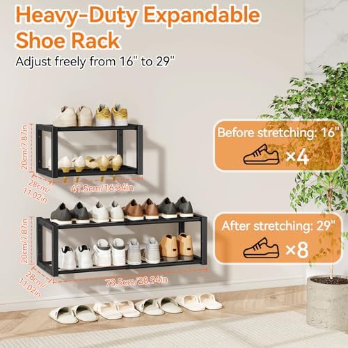 IBUYKE 2 Pack Wall Mounted Shoe Rack, 2-Tier 16"-29" Expandable Hanging Shoe Organizer for 12-16 Pairs, Space Saving Metal Wall Shoe Storage for Entryway Closet, Black TXJ001B-2 - Image 3